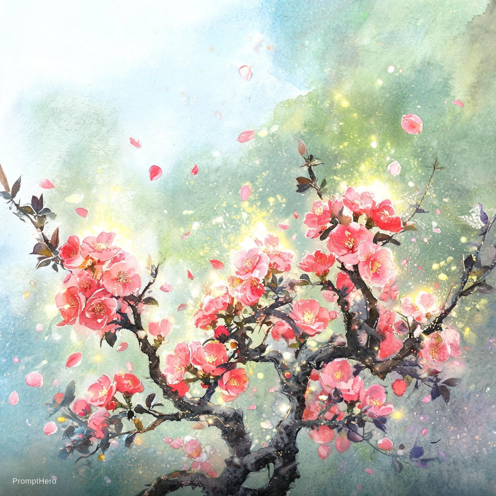 AI generated: A magical Chaenomeles with floating petals and glowing, enchanted blossoms. Willem Haenraets, Jean H...