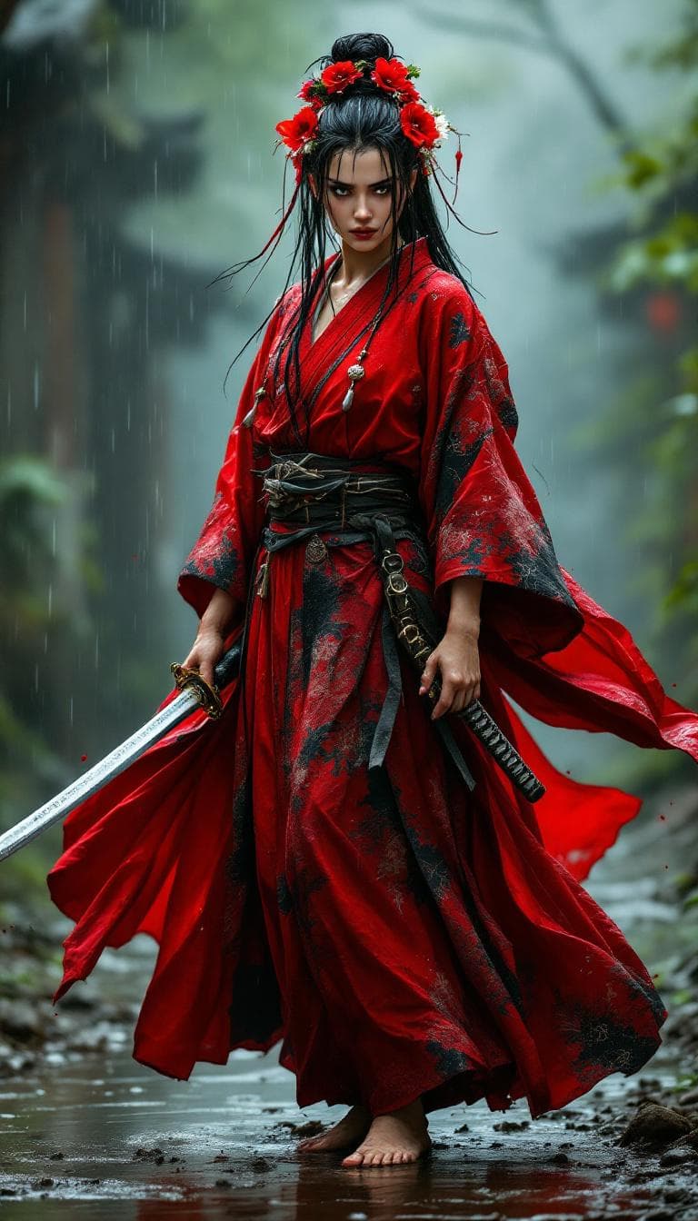 AI generated: Full body view of a fierce samurai woman of Japanese descent in a flowing red and black kimono, her ...