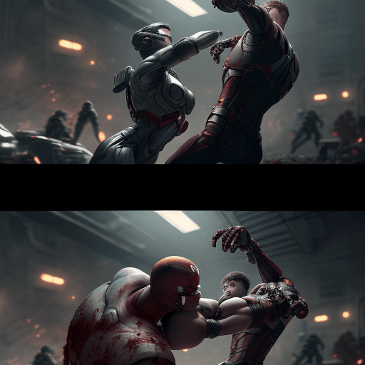 AI generated: Realistic cgi vfx Two friends are fighting, one of them has a metal arm and a long arm and they both...