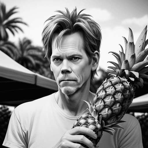 AI generated: Kevin Bacon, black and white cartoon drawing, coloring image, at the farmer's market, holding a pine...