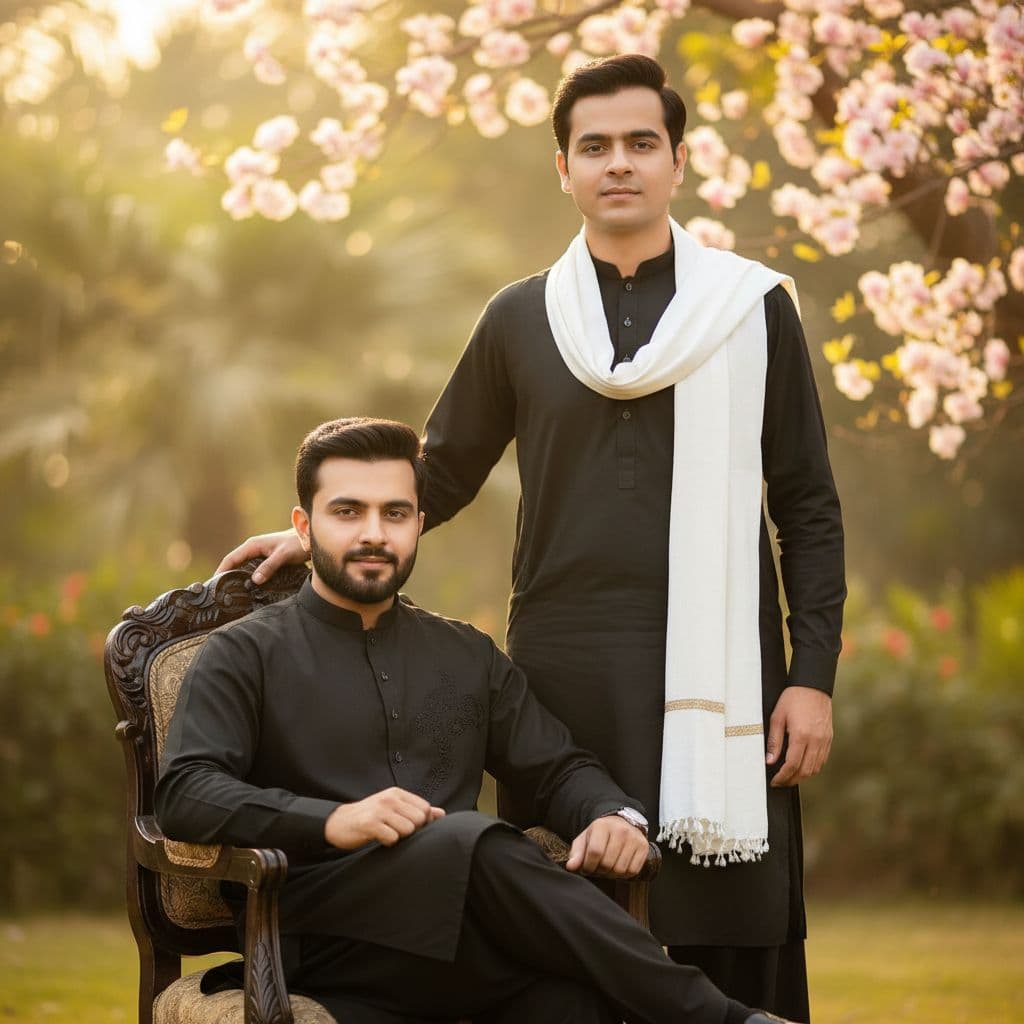 AI generated: A professional outdoor portrait of two stylish young South Asian men. One man is seated gracefully i...