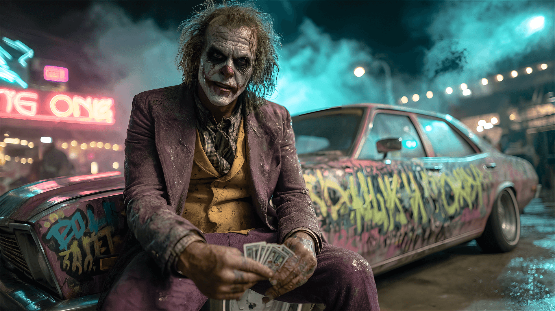AI generated: The Joker, a male adult with a vibrant green and purple hair style, sits on a custom-painted, purple...