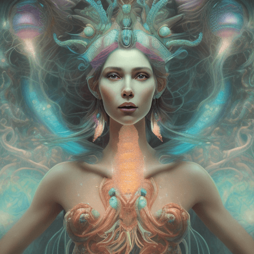 AI generated: Goddess close-up portrait ribcagel. jellyfish phoenix head, nautilus, orchid, skull, betta fish, bio...