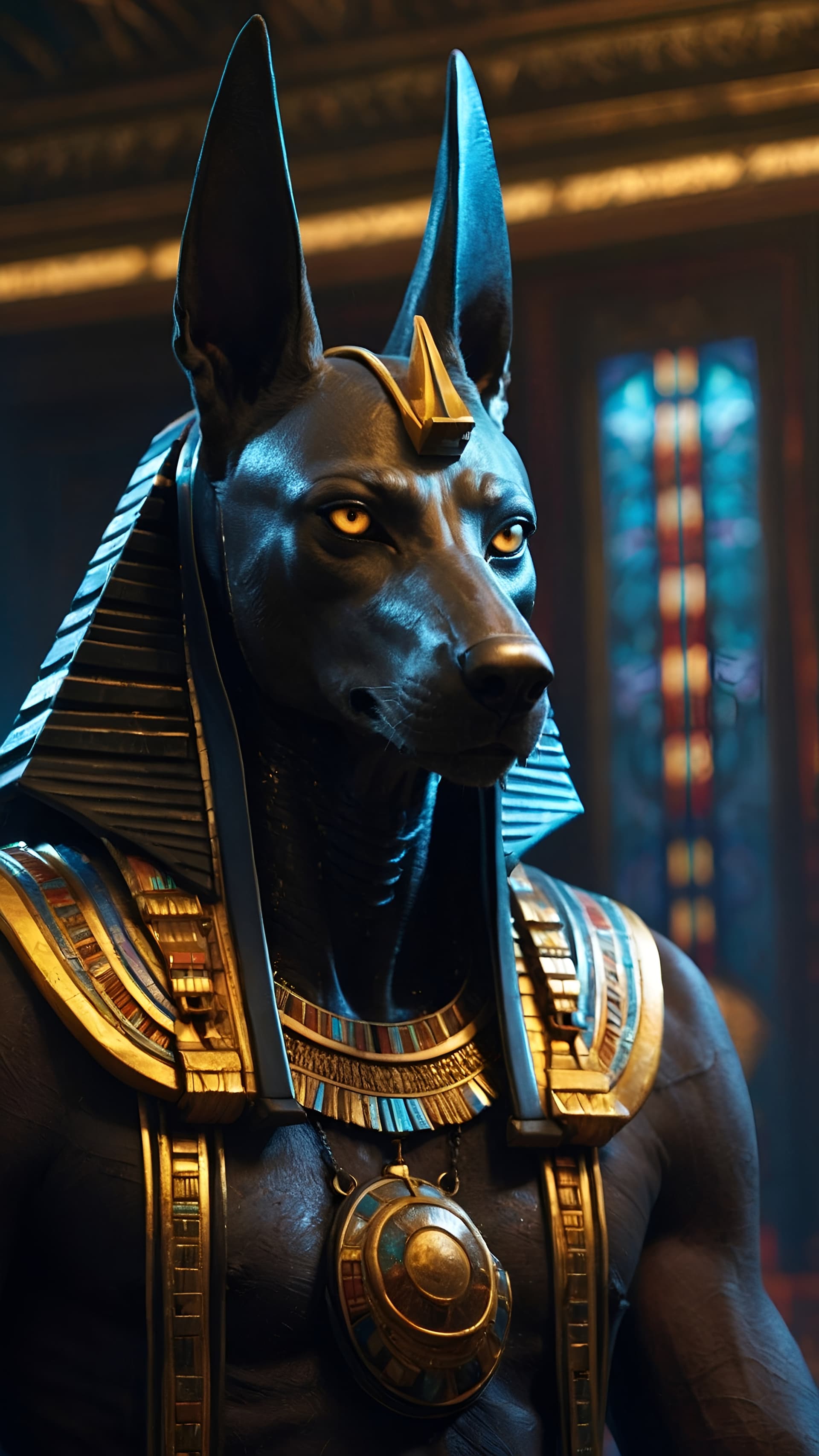 AI generated: portrait the egyptian male anubis, cyberpunk, black, pyramid, hyperdetailed eyes, hyperrealism extre...