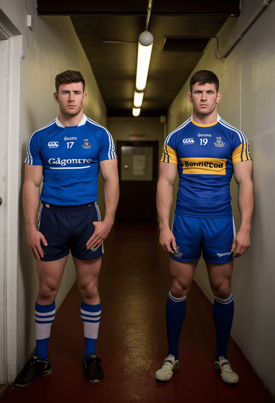 AI generated: eoin dillon and brady jones photo apex sports, in the style of indigo and beige, pensive stillness, ...