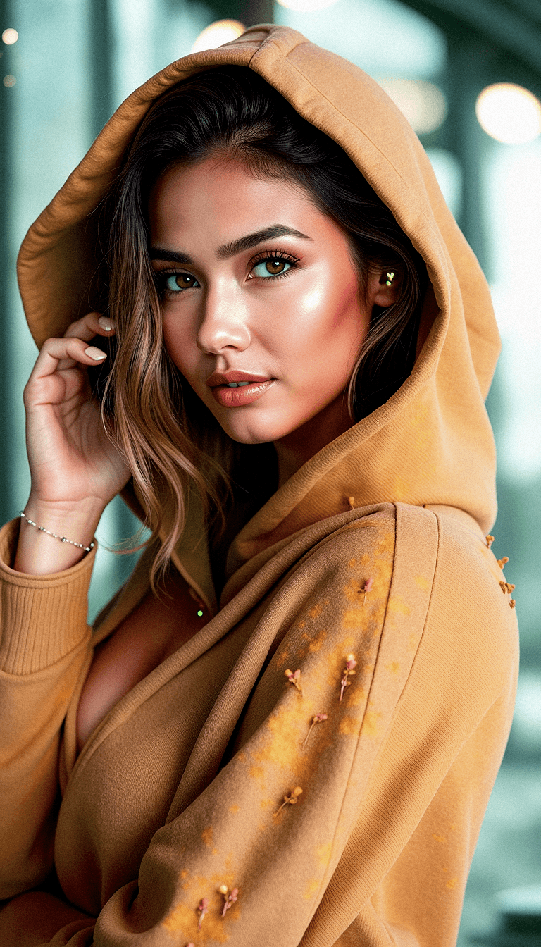 AI generated: A portrait of a young woman with light brown hair wearing a mustard-colored hoodie with floral accen...