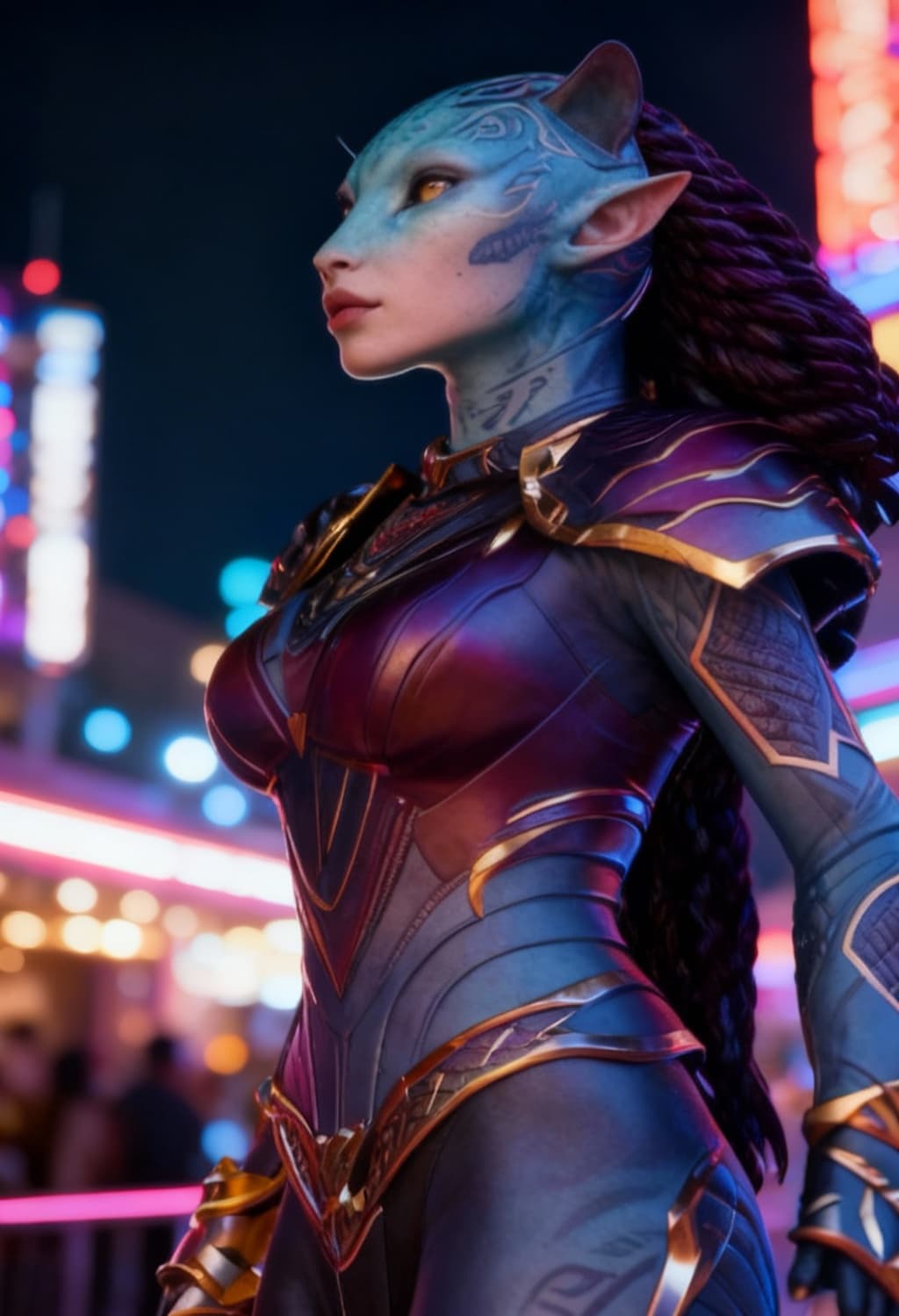 AI generated: Blend anthropomorphic to create a new anthropomorphic, alien, human hybrid. Give a Nightlife backdro...