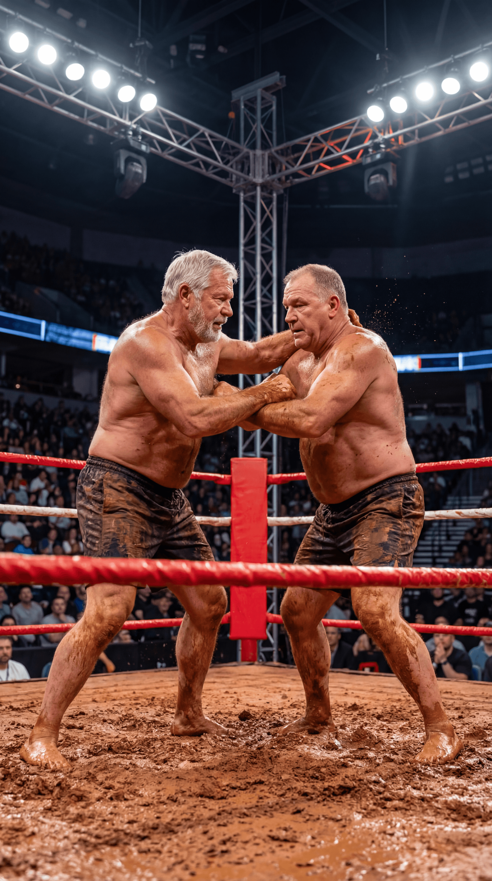 AI generated: PROFESSIONAL SPORTS PHOTOGRAPH
AMERICAN RED CLAY MUD WRESTLING — BOXING RING — VERTICAL 9:16
ASPECT ...