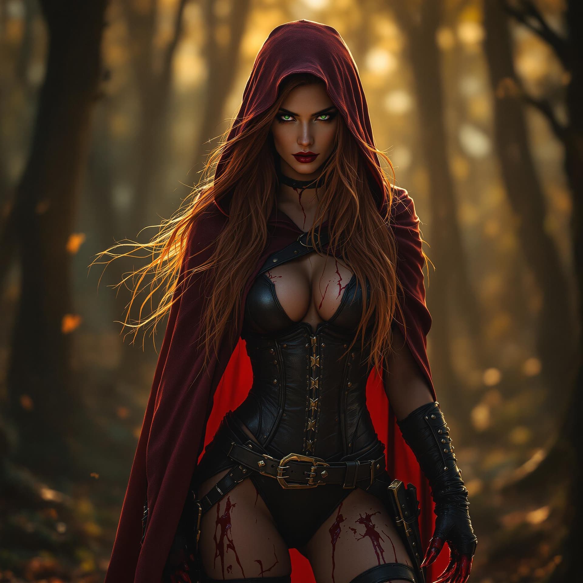AI generated: High-resolution cinematic scene of Red Riding Hood reimagined as a deadly huntress in a bloodstained...