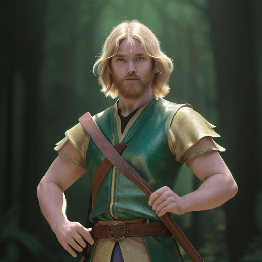 AI generated: high detailed professional upper body photo of a very young half-elf archer with shaggy blonde beard...