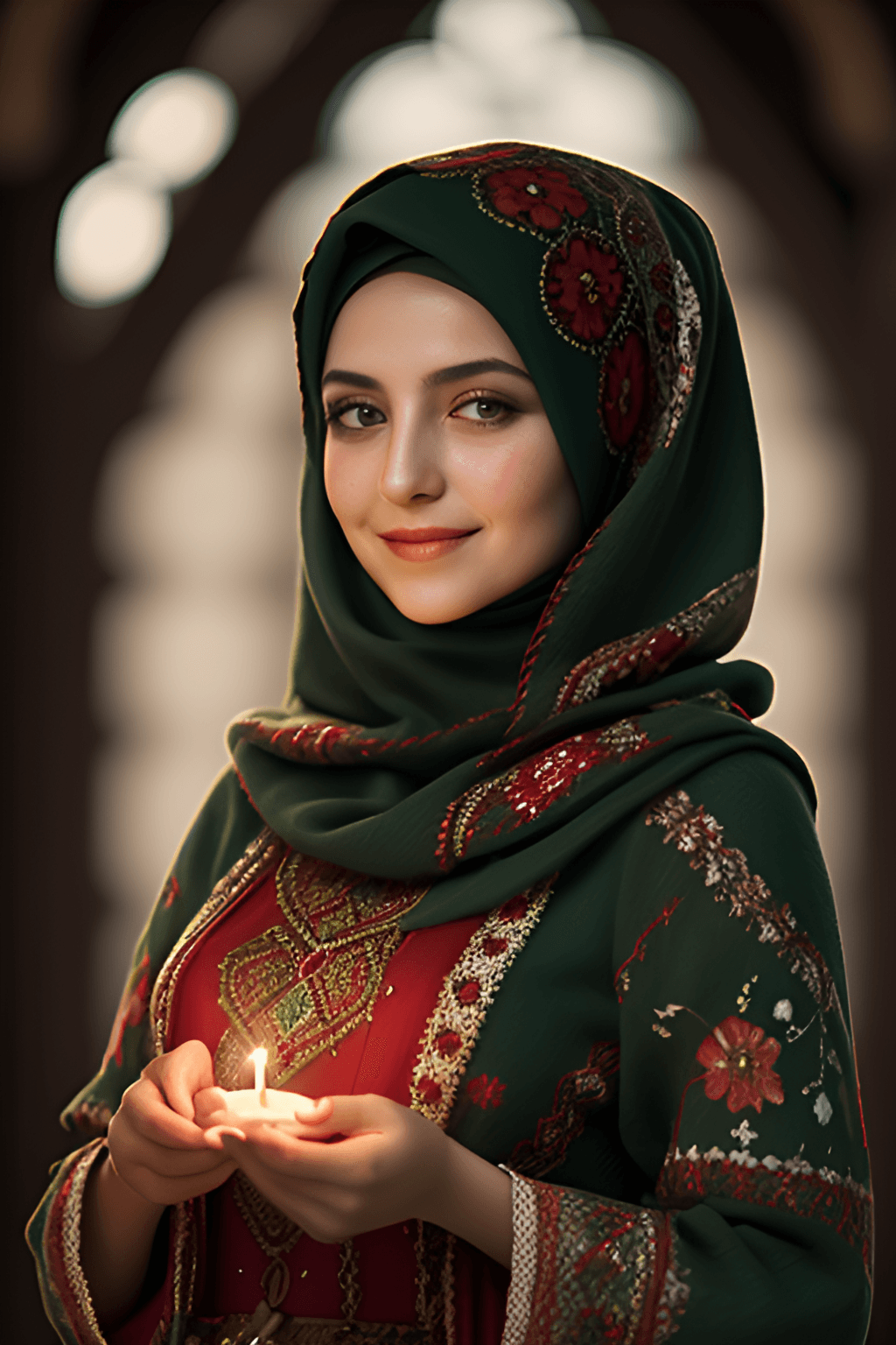 AI generated: turkish woman dressed in traditional turkish village clothes with a candle, in the style of dark gre...
