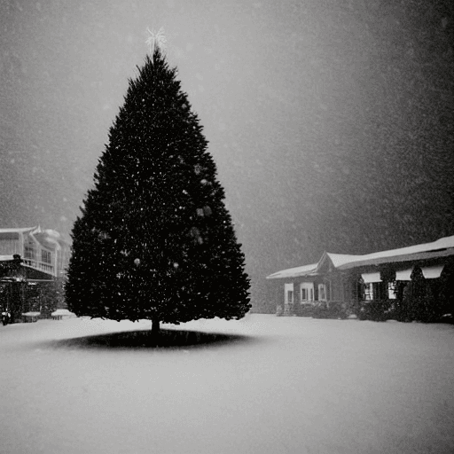 AI generated: Huge Christmas Tree in a town with lot of snow in the style of Gregory Crewdson, cinematic, spooky, ...