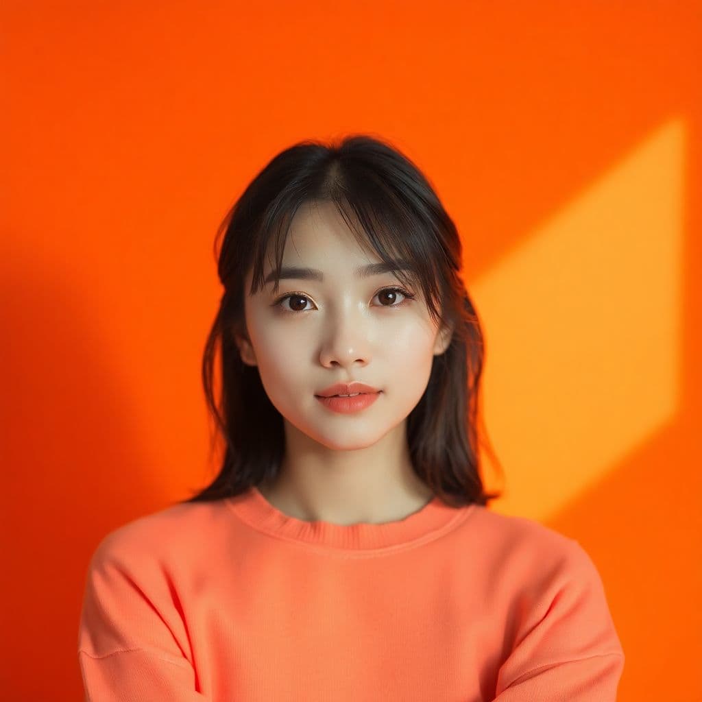AI generated: photography, orange hue, korean woman model, solid orange backdrop, using a camera setup that mimics...
