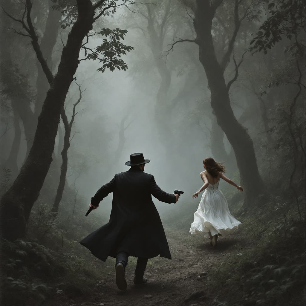 AI generated:  a man wearing black coat and hat running with a pistol in hand towards a back side running girl wea...