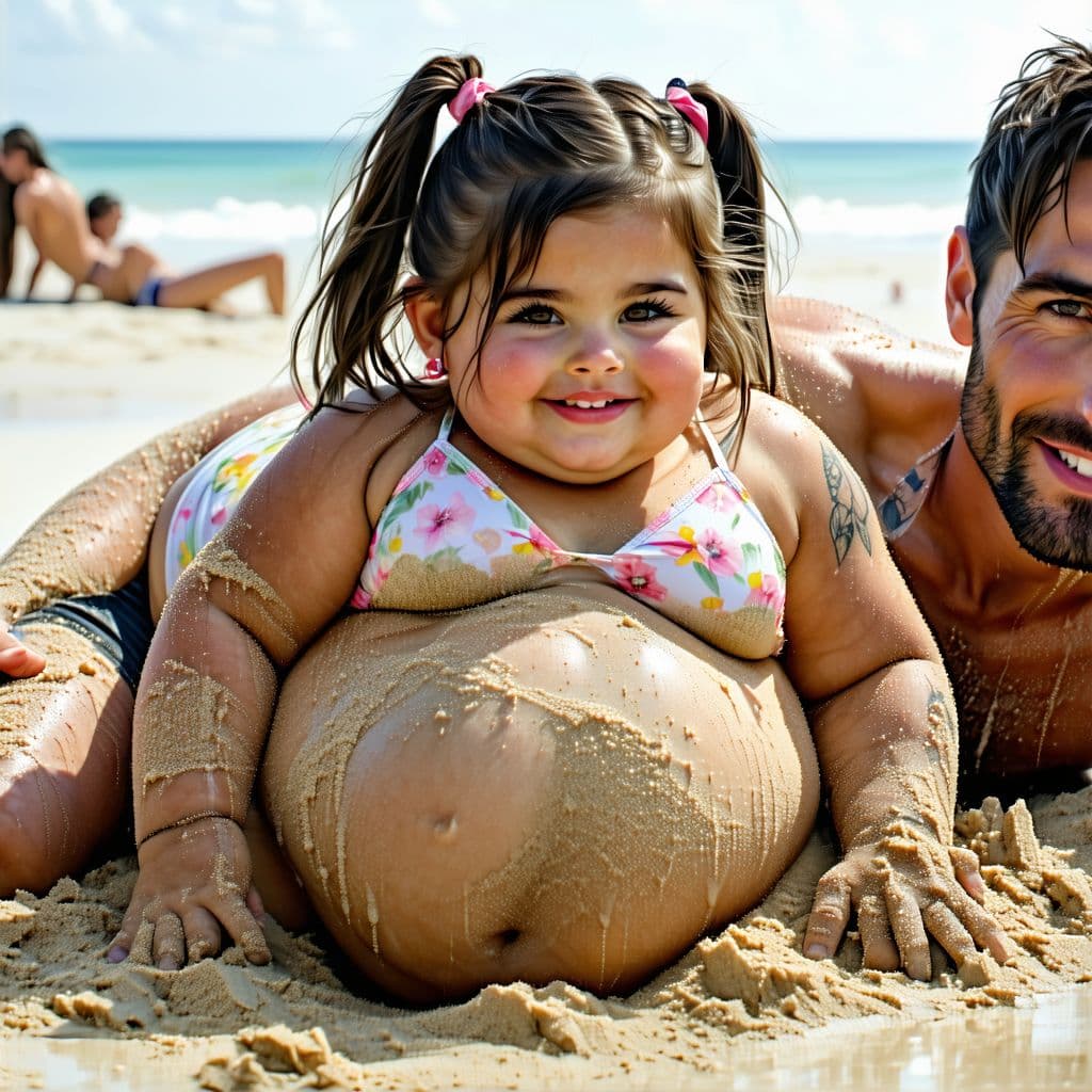 AI generated: Realistic photo, young chubby girl, pigtails, bikini, playing in beach, covered in sand, passionate ...