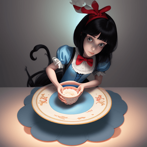 AI generated: cartoon, 2D style, "Alice in Wonderland" to make cookies::2, black hair, Disney style, illumination ...