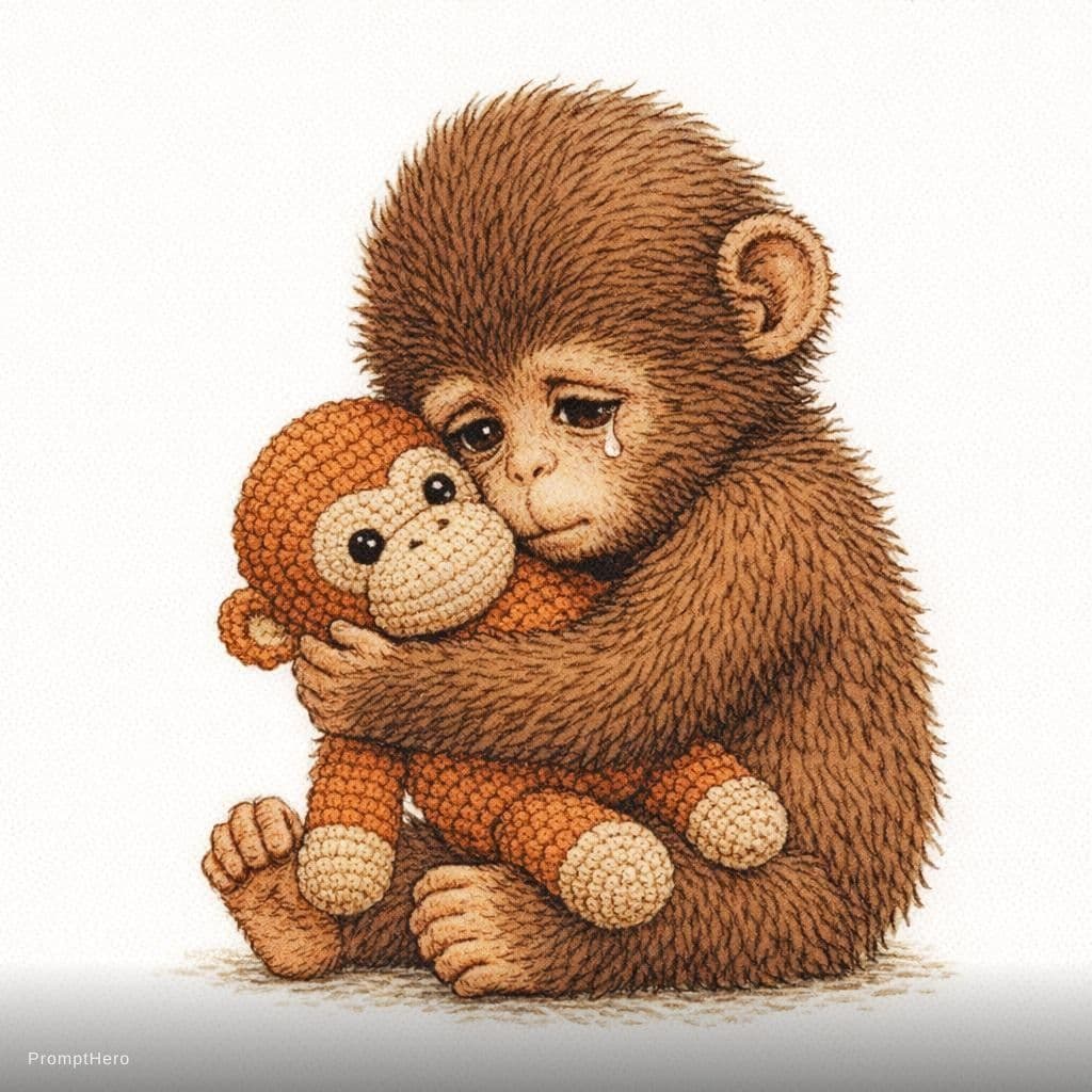 AI generated: vintage children's book illustration, emotional scene, cute baby monkey with fluffy brown fur and bi...