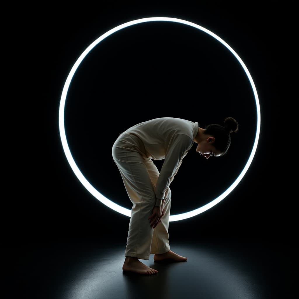 AI generated: "A person wearing a cream-colored outfit, bent over and interacting with a large, white hoop that is...
