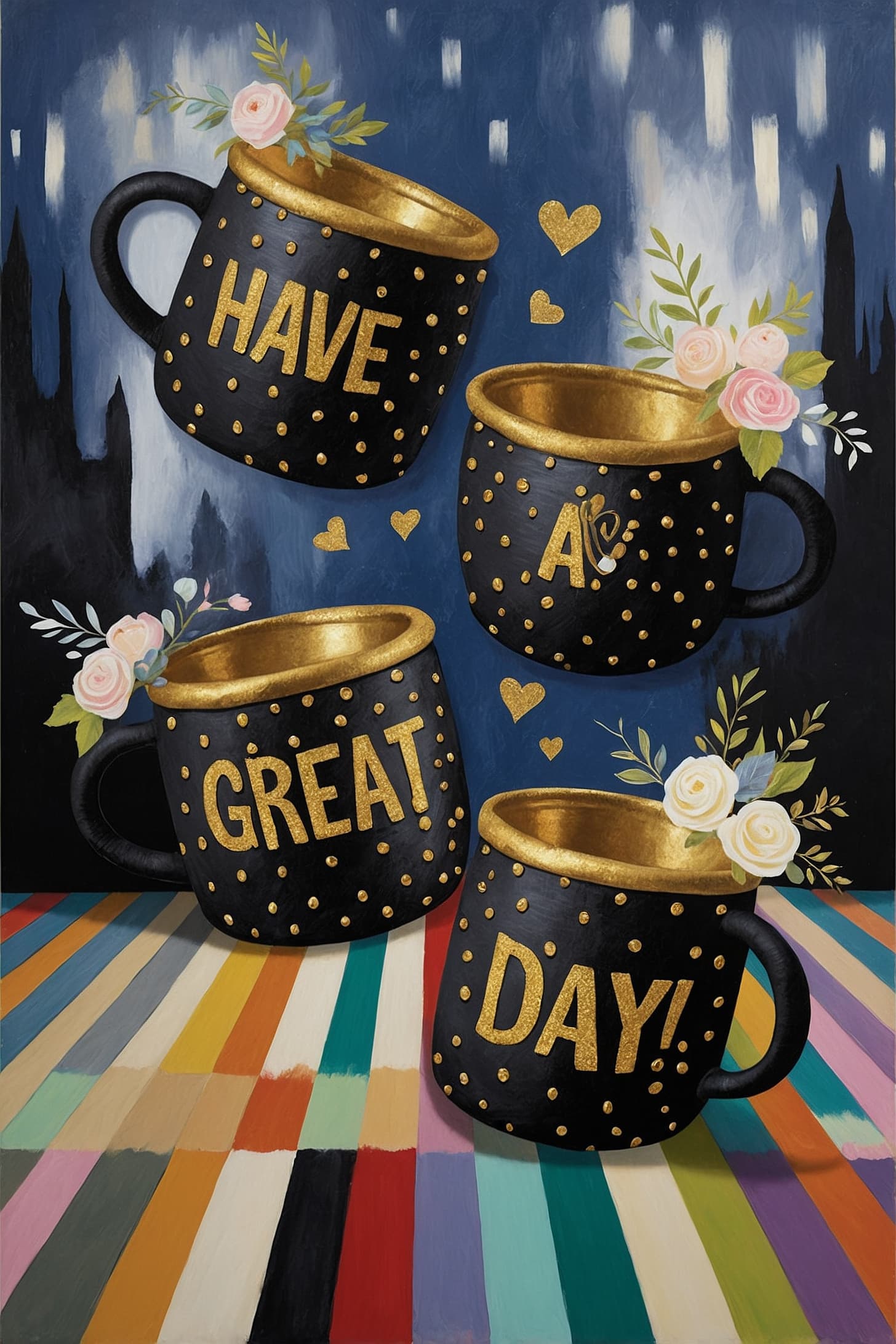 AI generated: A whimsical and enchanting illustration featuring four gold-rimmed black polka dot felt mugs, each d...