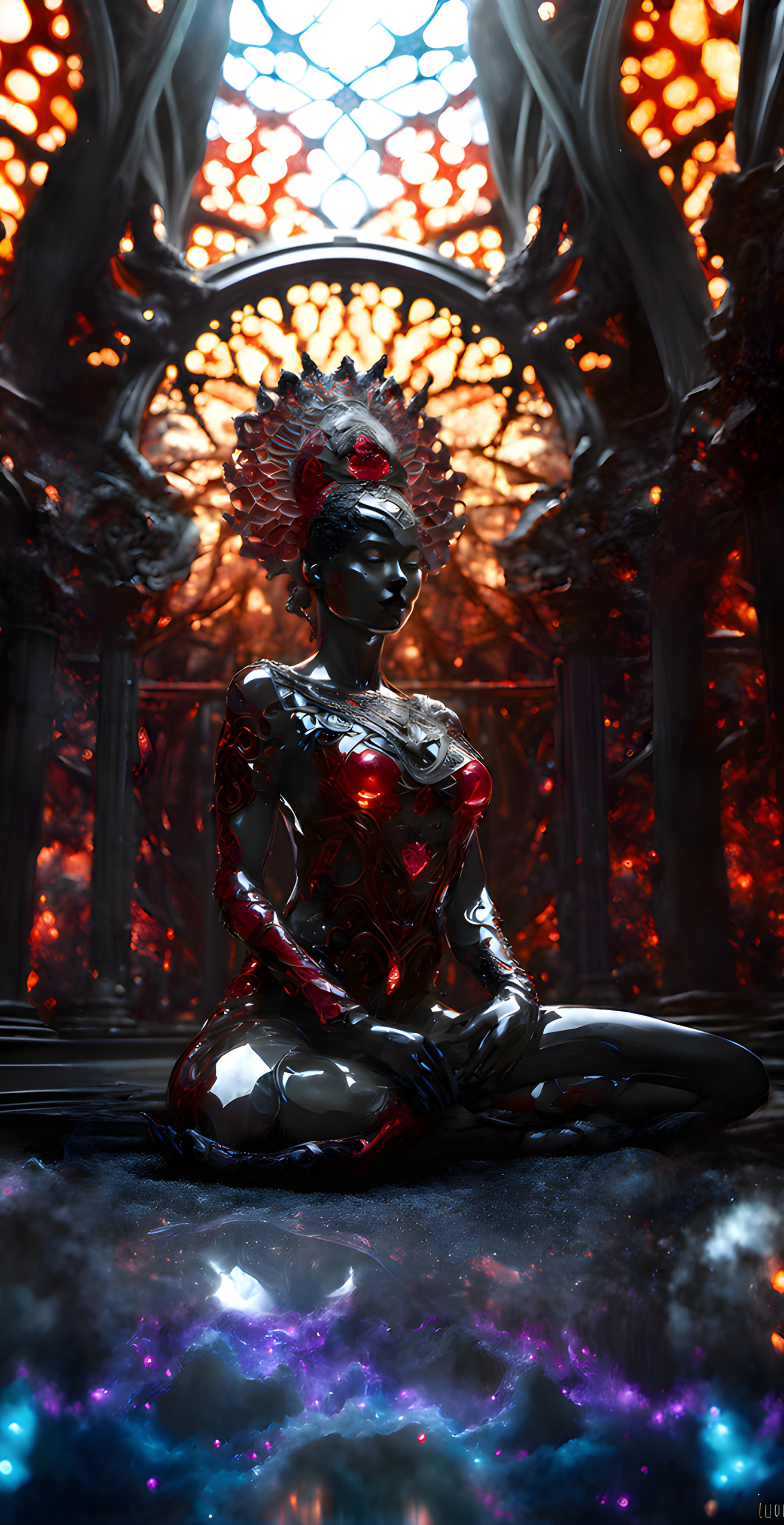 AI generated: Full body photography of a prophecy geologic creature woman, unknown existence, global dark matter s...
