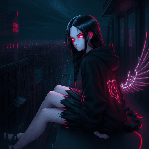 AI generated: dream masterpiece long braid wavy  black hair,Red eyes,glowing eyes,Dark,hoodie,Look at view,Non exp...