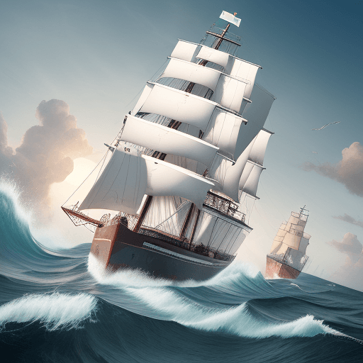 AI generated: the leader and the team members are sailing together towards the goal in one ship against the strong...