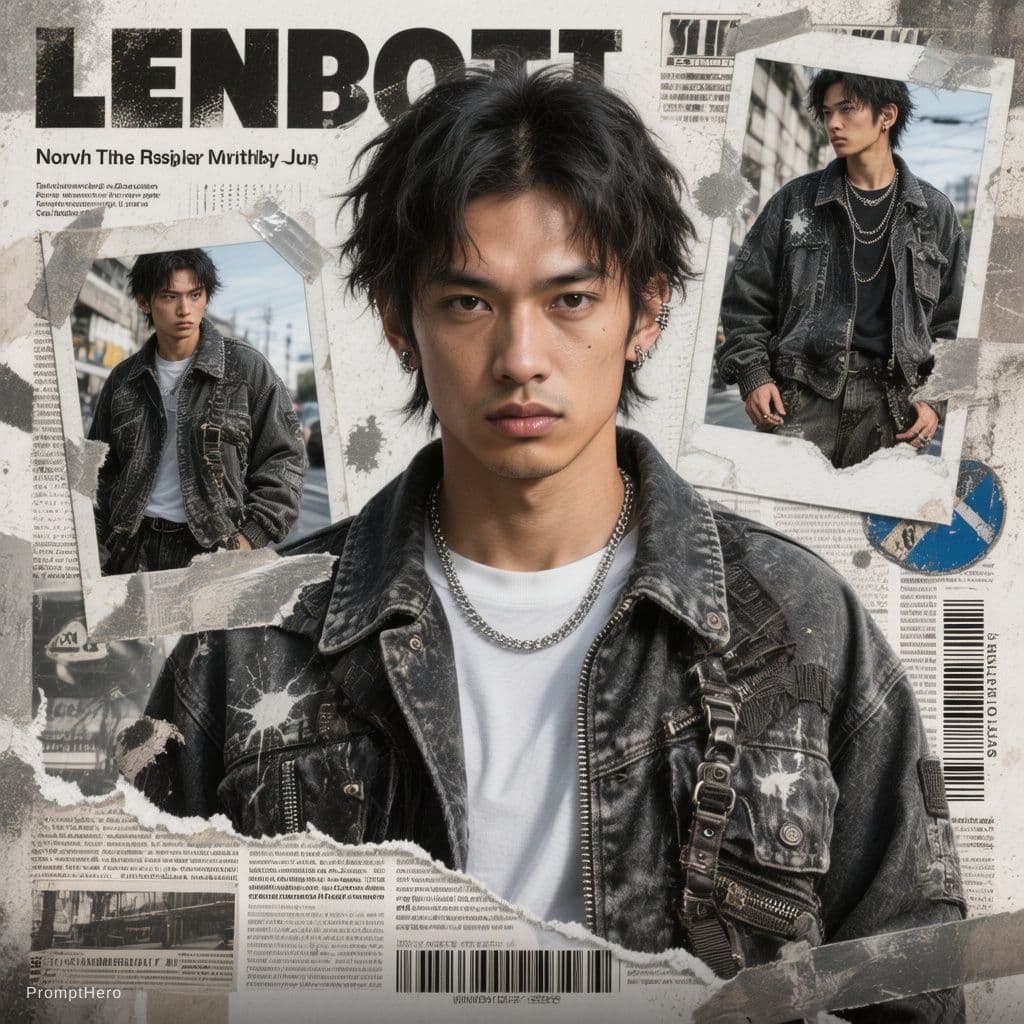 AI generated: Buat poster kolase editorial streetwear Jepang bergaya Y2K yang bold dengan estetika majalah fashion...