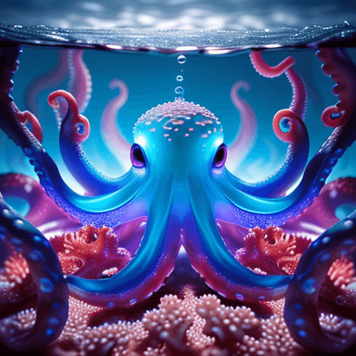 AI generated: Raw, masterpiece, perfectly centered, symmetrical, under water macro shot of a glowing octopus, cora...