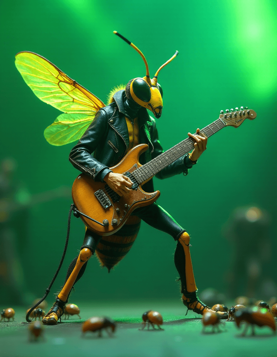 AI generated: A wasp insect standing upright like a human, playing an electric guitar on stage. Its wings are buzz...