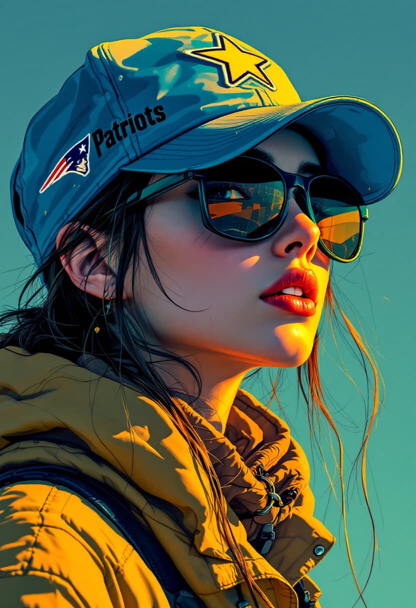 AI generated: a stunning girl wearing blue caps and sunglasses, logo Patriots, in the style of otherworldly illust...