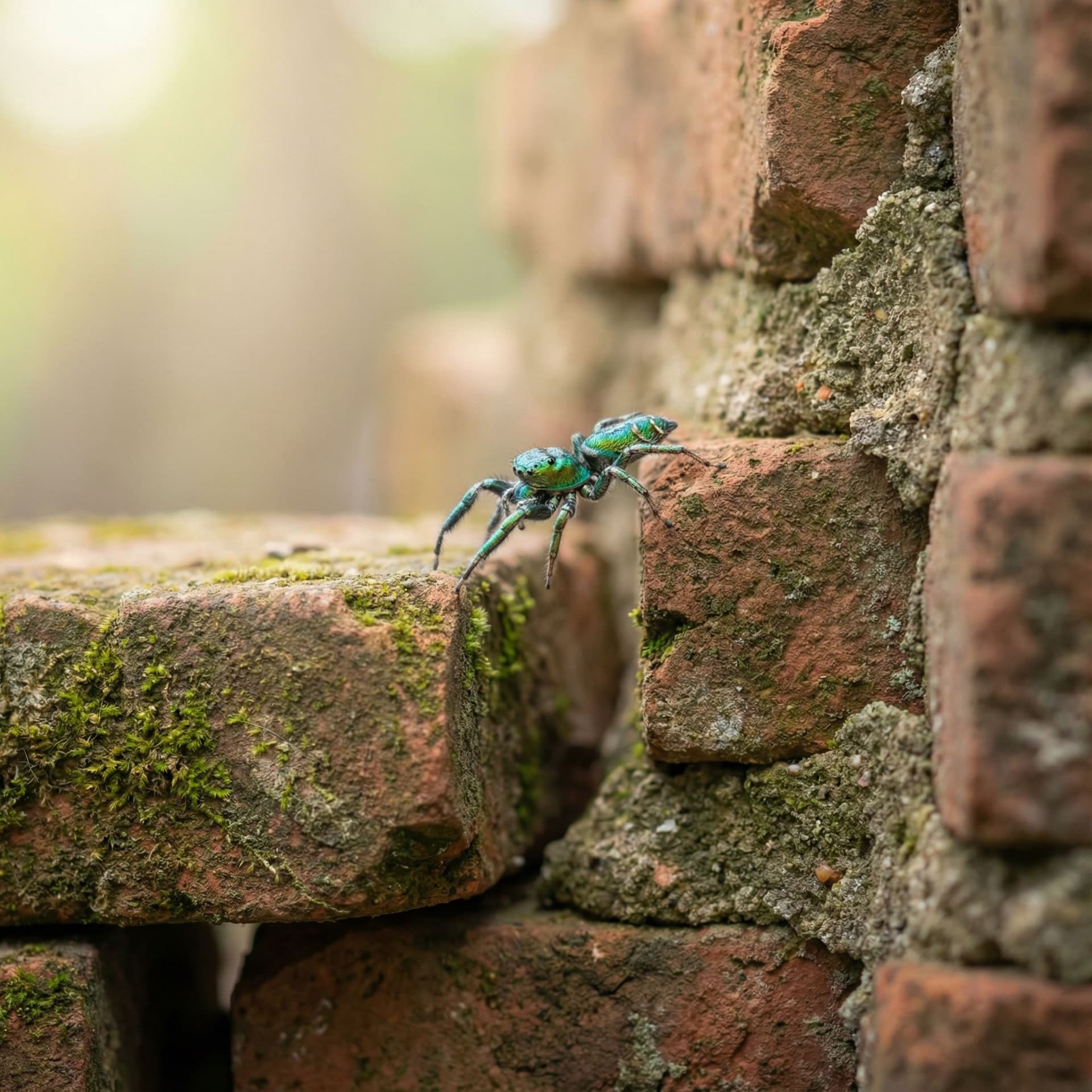 AI generated: animal photography, jumping spider, bricks --v 7