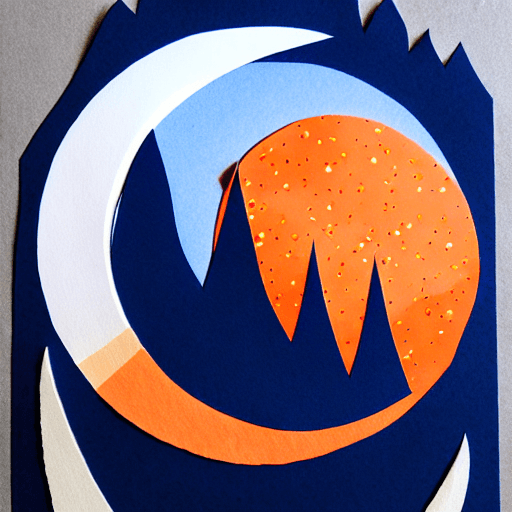 AI generated: paper cut art, paper illustration, night, blue mountains, moon, birds shades of blue and orange, two...