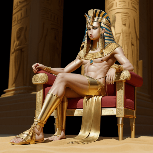 AI generated: Prince pharaon, de grande taille, tête aux cheveux rasés,  habillé comme un pharaon, sandales en pea...
