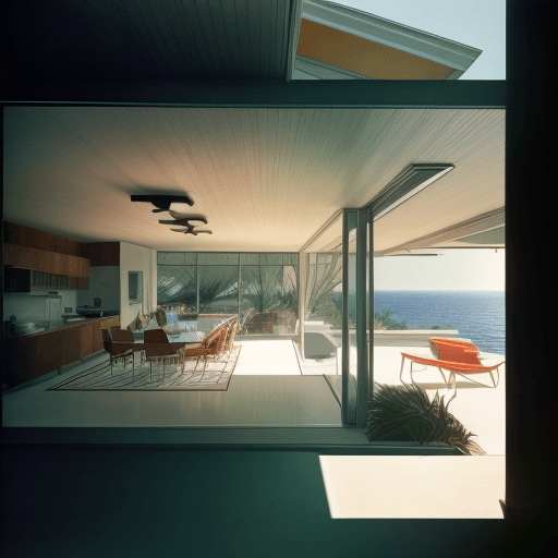 AI generated: Hyper realistic eye level exterior photo of a mid century modern style house overlooking the ocean, ...