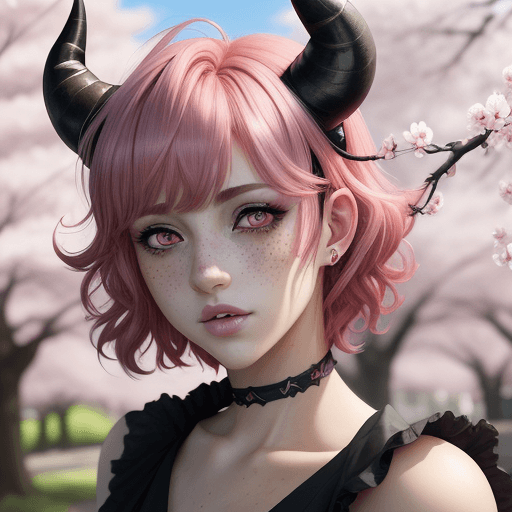AI generated: anime style, Handsome woman with pink medium short curly hair, freckles, revealing her too big deep ...