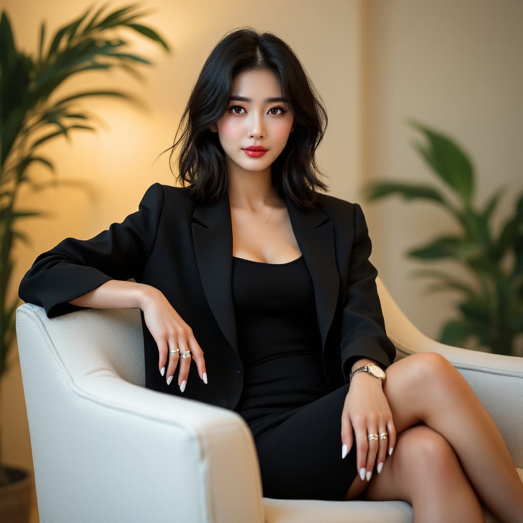 AI generated: A confident Korean woman sits casually on a white armchair, leaning slightly to her left with her le...