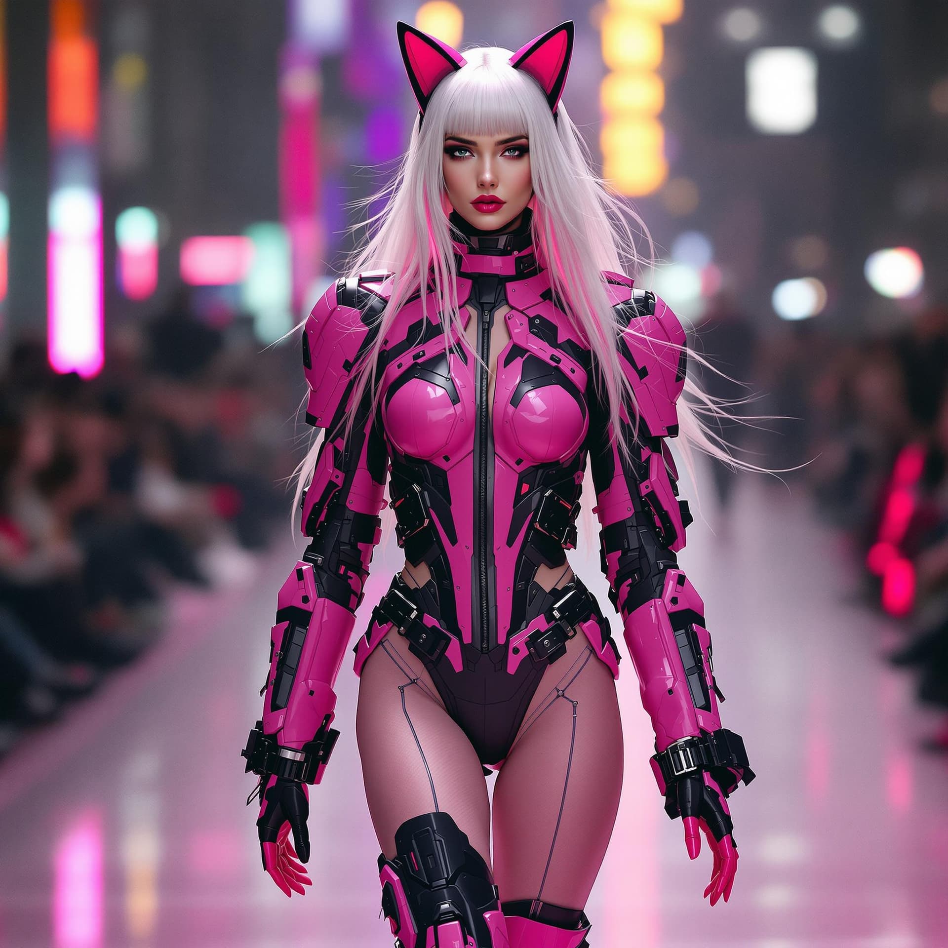 AI generated: Modern fashion photography, photorealistic, beautiful Caucasian woman, pale skin, long white hair wi...