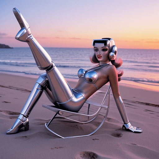AI generated: 80s chrome and steel Retro Sunset,  silver hot robot girl in bikini, sitting on beach chair, legs up...
