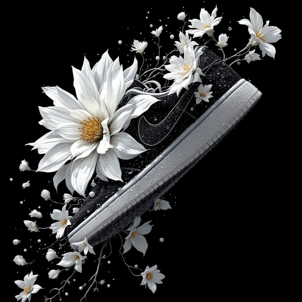 AI generated: illustrate an intricate Nike sneakers arrangement bursting with life against a stark black backgroun...