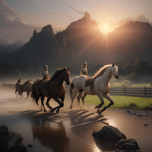 AI generated: Photo of ultra realistic horses, dramatic light, pale sunrise, cinematic lighting, battered, low ang...