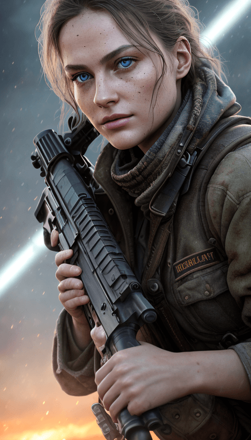 AI generated: 8k, post-apocalyptic, holding rifle, armed, Ancient soldier, blood on clothing, Bad guy, ((extreme c...