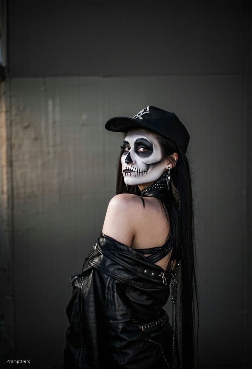 AI generated: Design a photorealistic portrait of a woman with dark makeup and makeup art, set in a dark concept a...