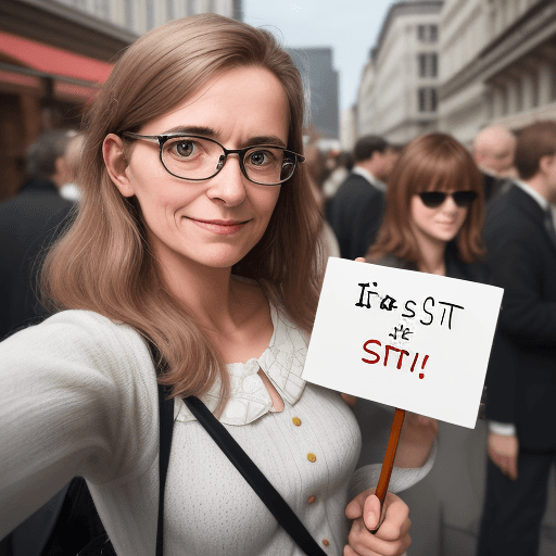 AI generated: Selfie of a lady holding a handwritten small sign that says, “Ist das” “Steffi?” 