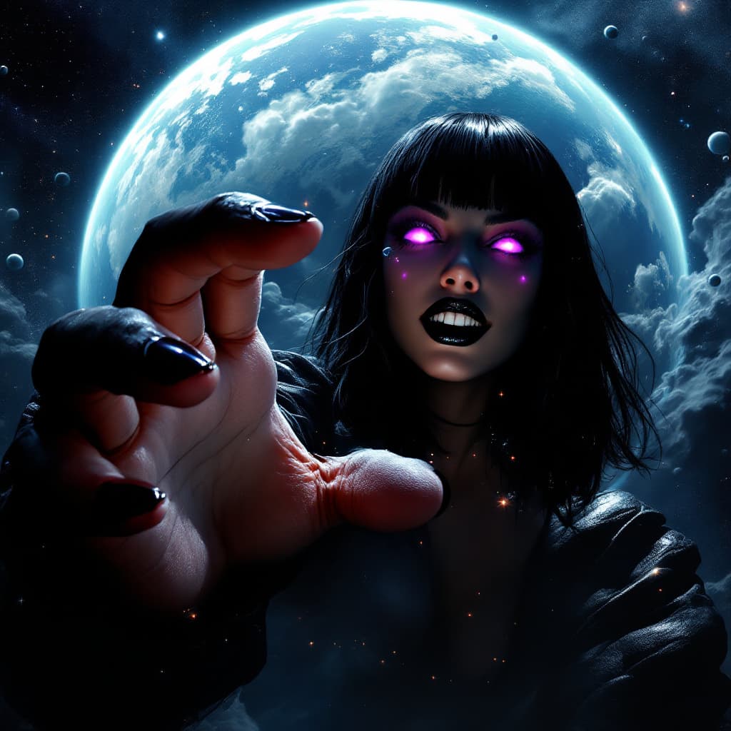 AI generated: enormous giantess female who looks exactly like WWE superstar 
 Rhea Ripley with black medium length...