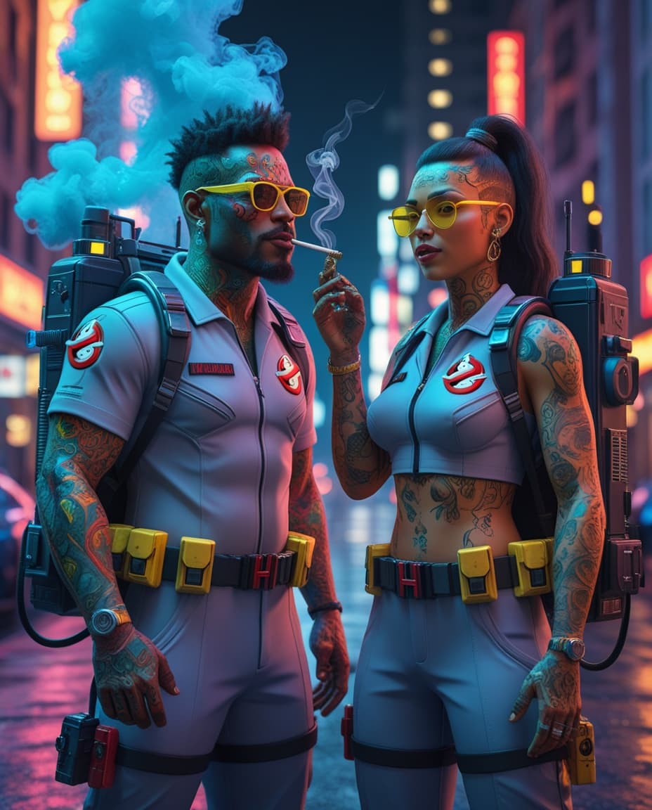 AI generated: Ghostsmokers couple in a lit ......
