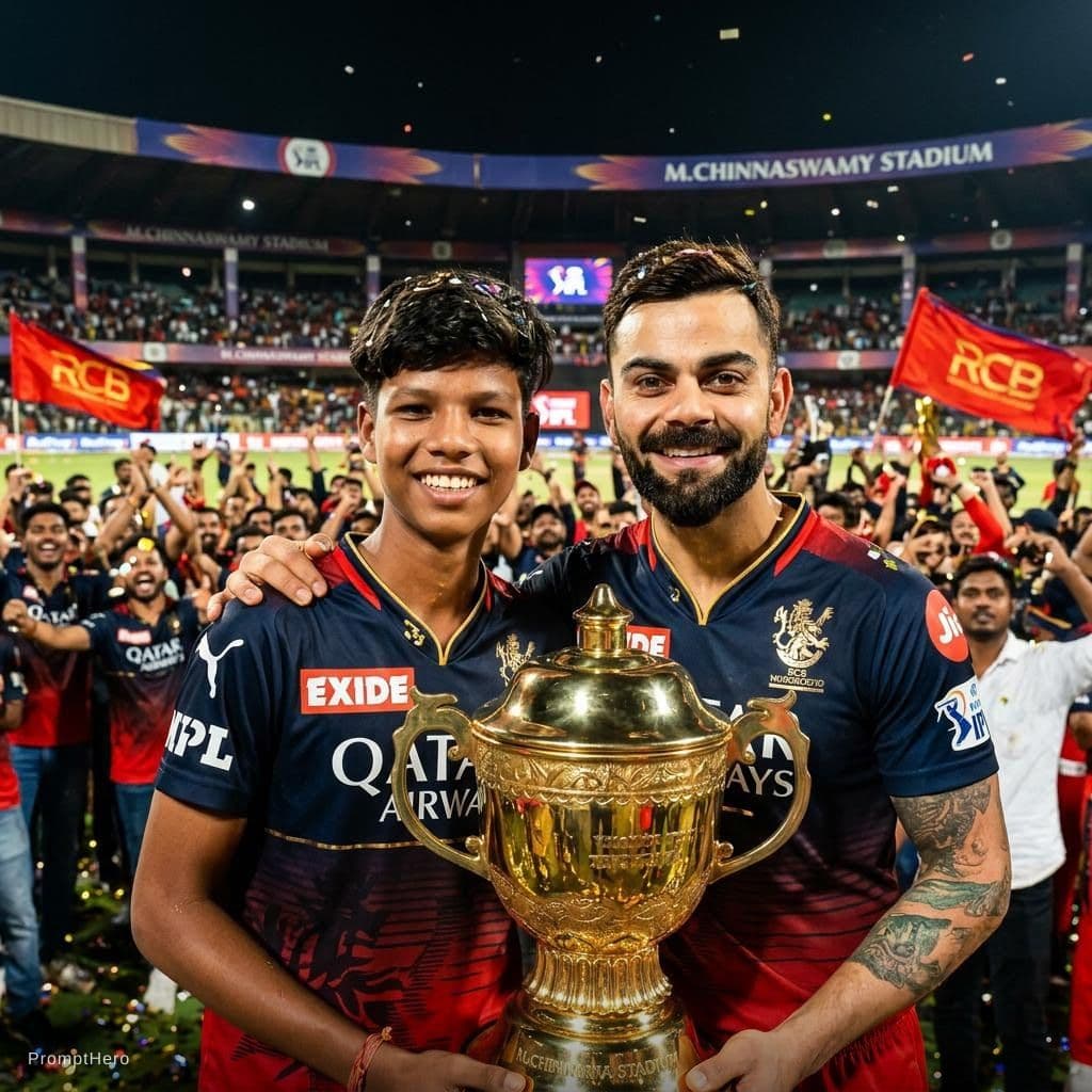 AI generated: Combine these two photos and make me to stand beside virat kohli with the ipl cup. Make virat giving...