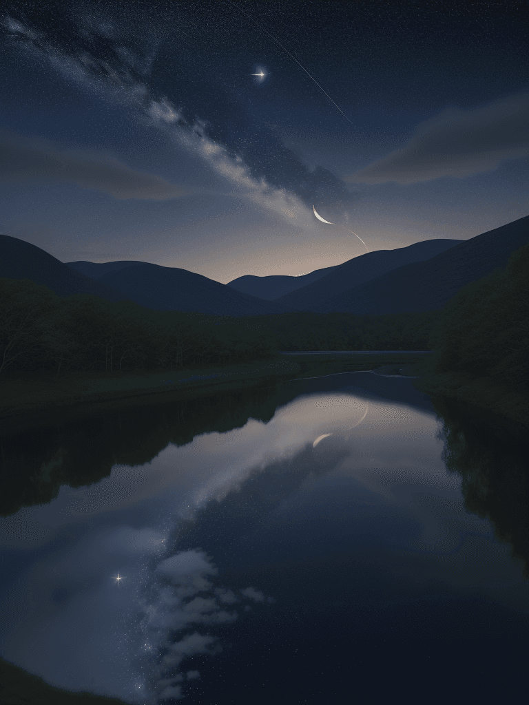 AI generated: A curved river reflecting a shimmering night sky, fluffy clouds floating like marshmallows in the sk...