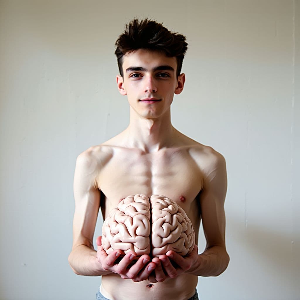 AI generated: a very skinny college age guy easily holds a brain in his hands and presents it proudly to the camer...