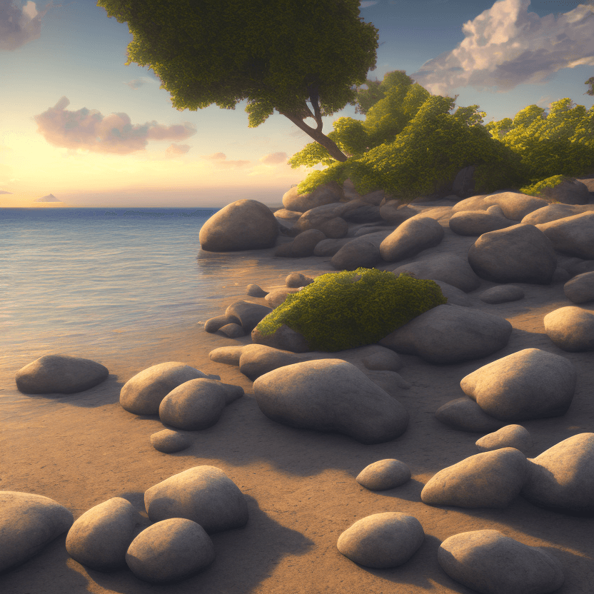 AI generated: photorealistic oil on canvas, small clouds, beach, trees, small granite rocks, beautiful setting, ev...