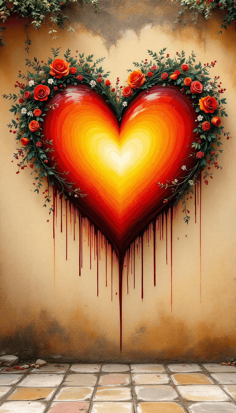 AI generated: A breathtaking artistic heart mural painted on a rustic, weathered wall. The heart is a fusion of wa...